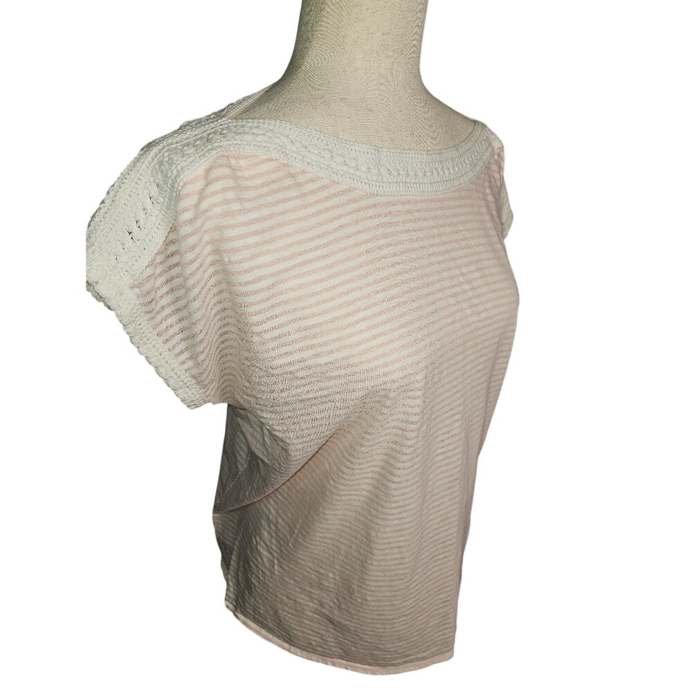 Rose and Olive Striped Pink and White with Crochet Detail Women's Casual Top Lg